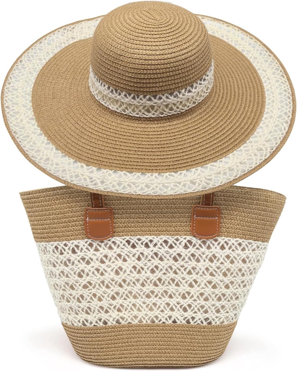 Pahajim Women's Bag and Straw Hat Set of 2 Braided Beach Bag with Zip Straw Tote Bag for Summer - ShopVlot