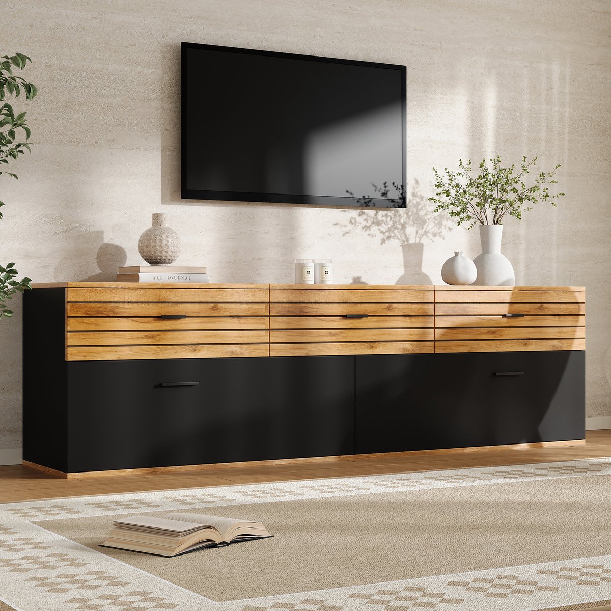 DESMIU TV Meubel - 3 Laden En 2 Kleppen - Voor Woonkamer Slaapkamer En Eetkamer - MDF En Spaanplaat - 168x38x59 Cm - Naturel Zwart
