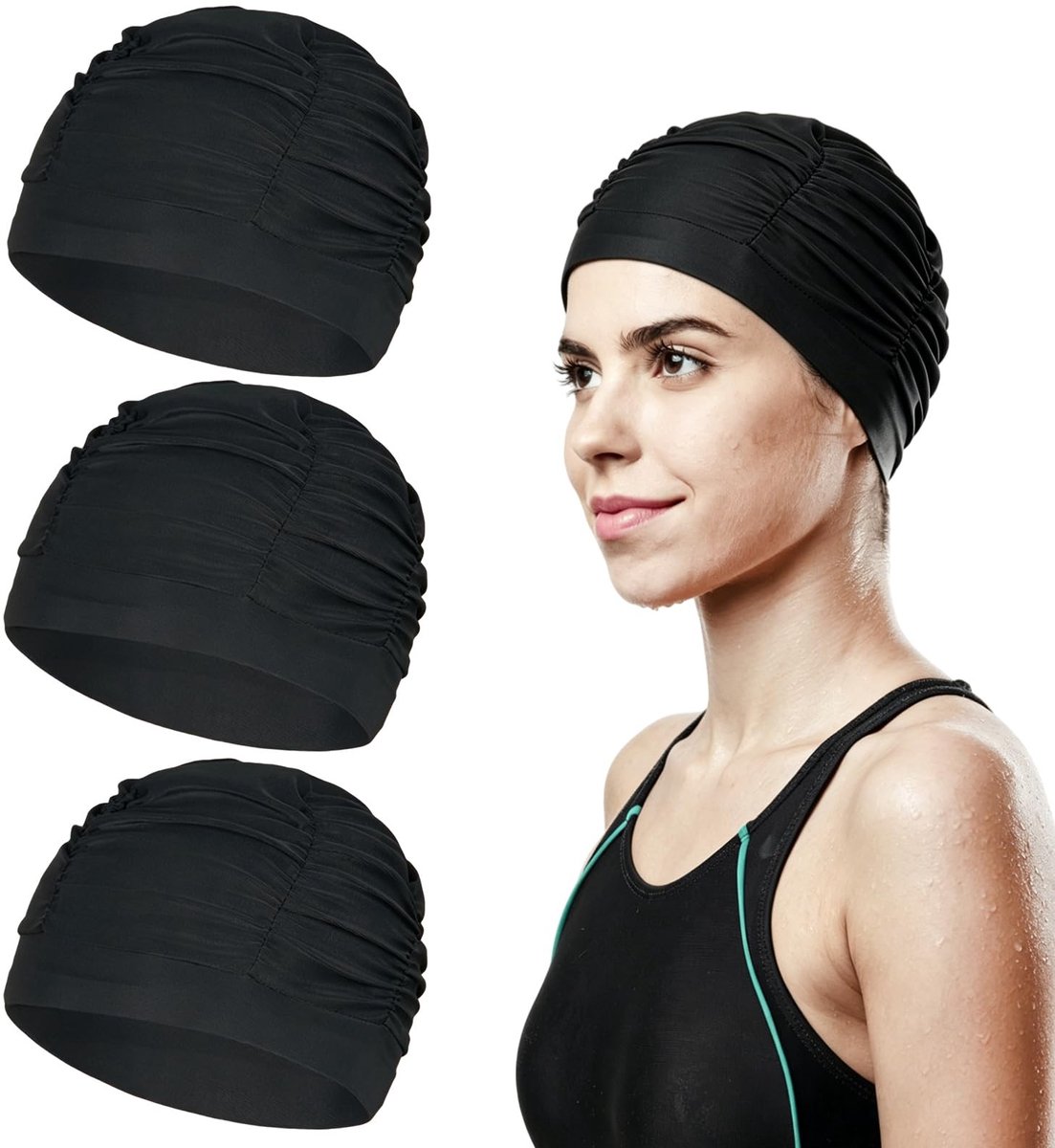 Solidchoice - Set van 3 Zwarte Zwemcaps voor Lange Haar