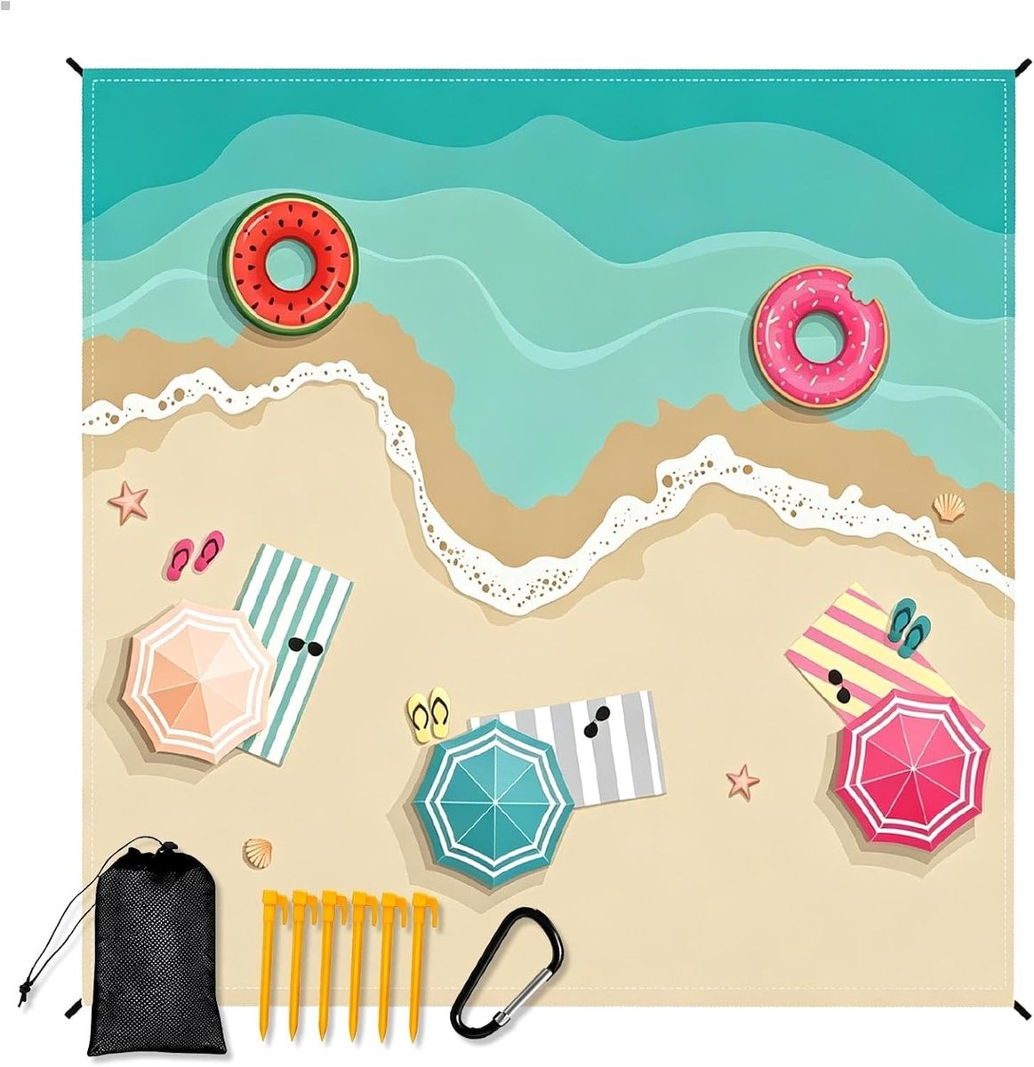Grote Microvezel Strandhanddoek - 210 x 200 cm - Zandvrij met Grondnagels en Karabijnhaak - Voor Strand, Picknick en Camping