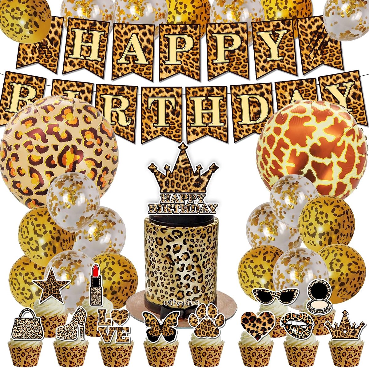 Feestdecoratie Leopard Print 32 Stuks - Cheetah Thema Ballonnen - Taarttopper en Cupcake Banner - ShopVlot