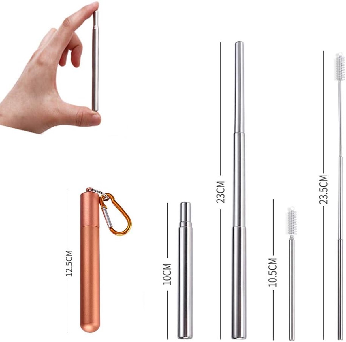 Herbruikbare telescopische rietjes - roestvrij staal - met reinigingsborstel en pouch - milieuvriendelijk - ShopVlot
