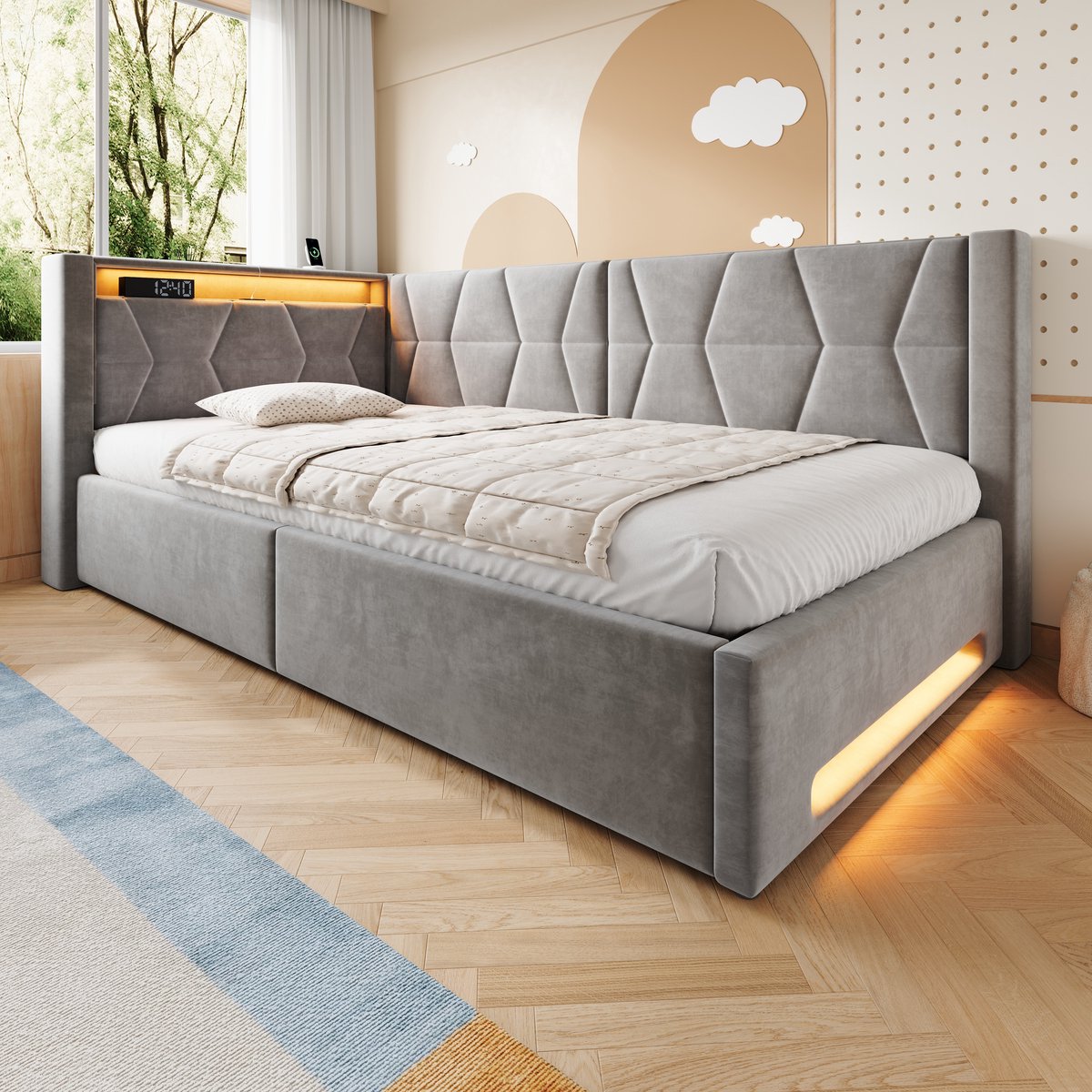 Gestoffeerd Bed 140x200 cm Met Opbergruimte – LED Verlichting – USB Type C – Hydraulische Bedbox – Lattenbodem – Slaapkamer – Donkergrijs