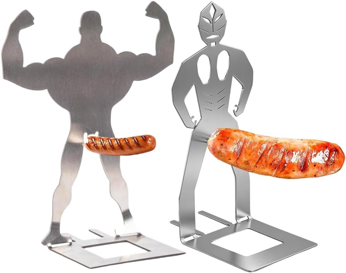 2 stuks worsthouders van roestvrij staal, creatieve standaard voor worstjes in mannenvorm, draagbare grill voor hot - ShopVlot