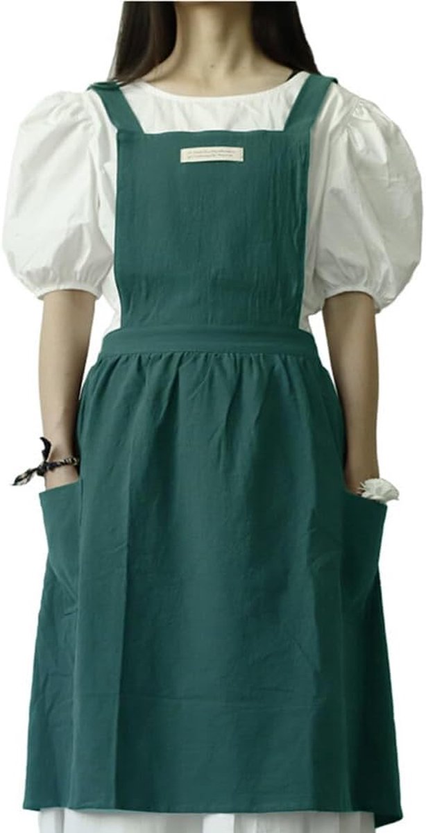 Women Artist Apron For Painting Coffee House Cotton Linen Cross Back Aprons With Side Pockets Cooking Kitchen Apron - ShopVlot