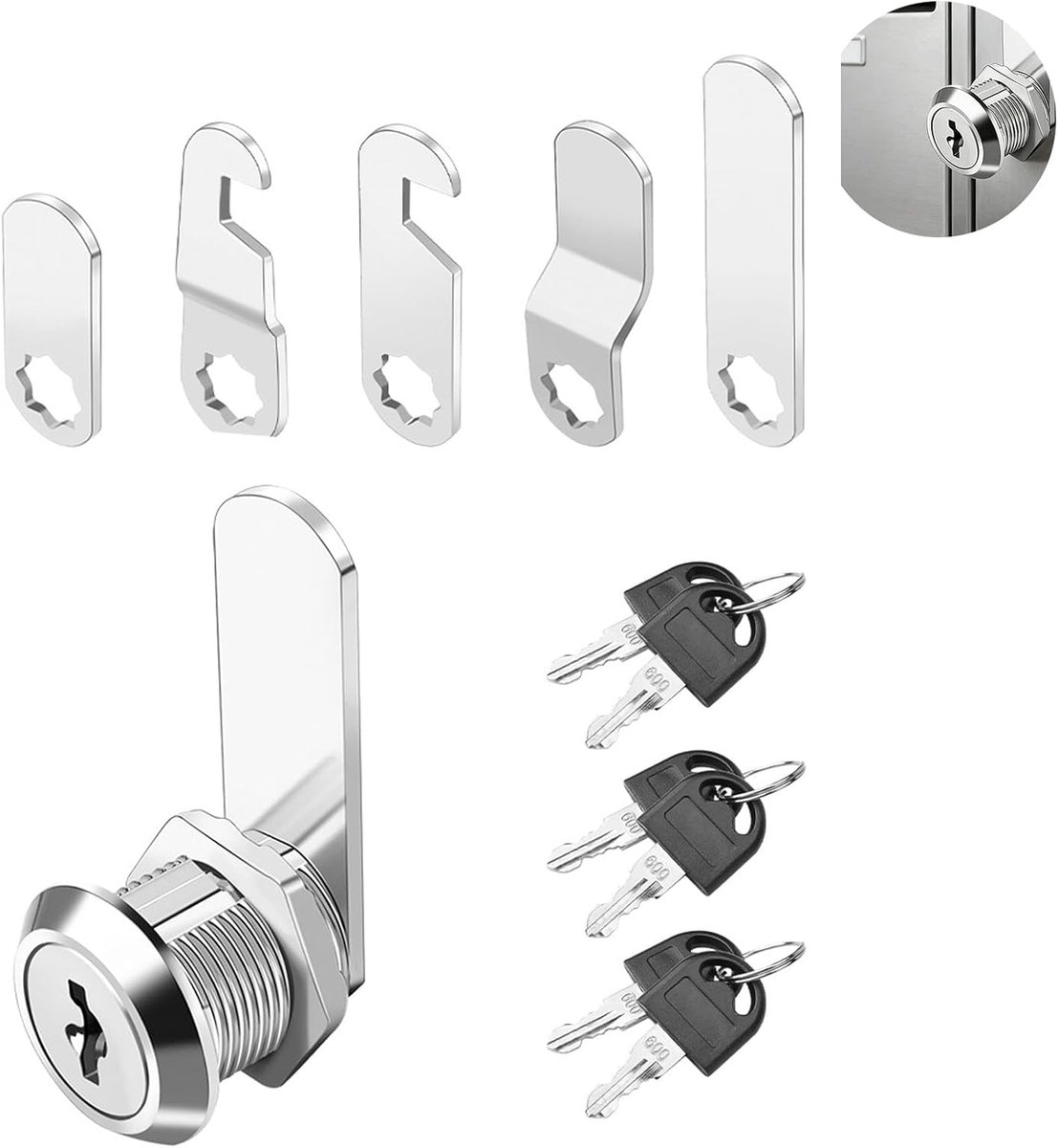 Robust lock 16 mm for mailbox, cabinets and campers, complete set with 6 keys and 5 different locking plates - ShopVlot