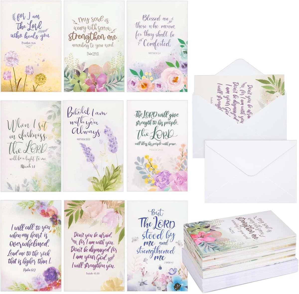 Religieuze rouwkaarten 36 stuks - Watercolor bloemen - Bijbelverzen - Voor condoleances - ShopVlot