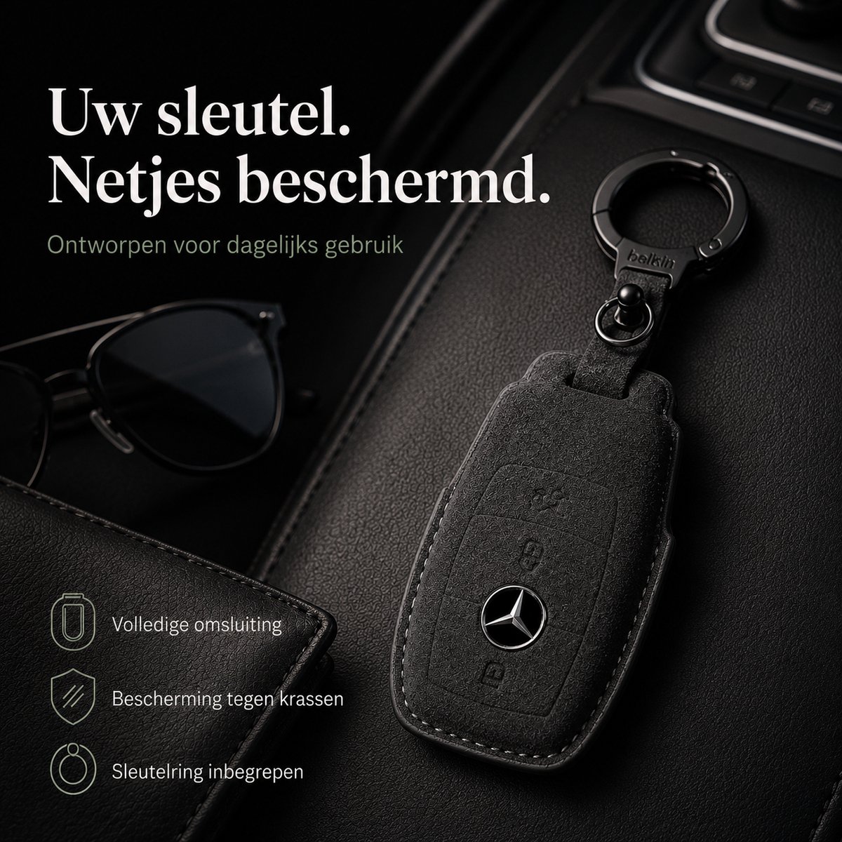 Zirkle Mercedes-Benz Autosleutel Hoesje Type C Zwart – Luxe Leren Sleutelcover met Ring en Sleutelhanger – Beschermhoes voor Mercedes A B C E S Klasse GLA GLB GLC GLK – Krasbestendige 3D Key Case – Premium Auto Sleutel Accessoire voor Dames en Heren