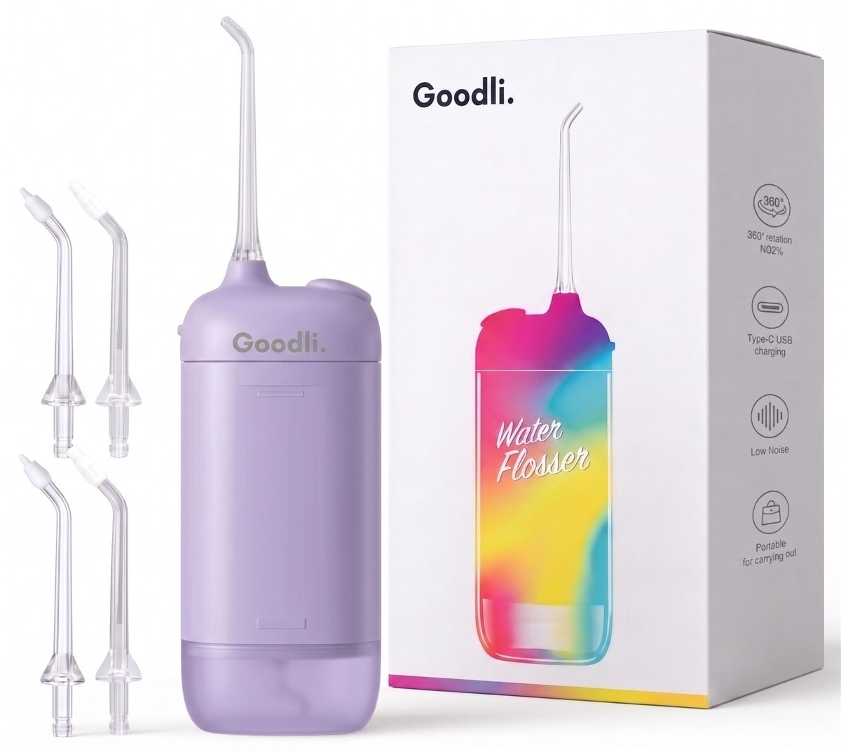 Goodli Elektrische Waterflosser Draadloos - Paars - Monddouche met 4 Standen en 4 Opzetstukken - IPX8