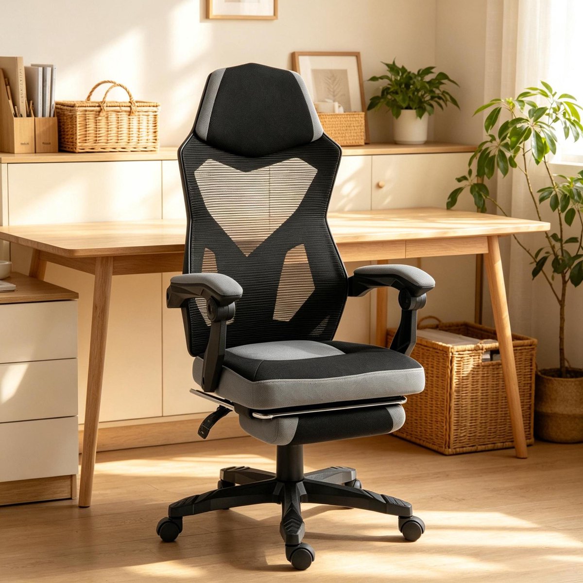 OKWISH Gamingstoel Bureaustoel 58 X 63 X 112 122 Cm Ergonomisch Verstelbare Zithoogte Mesh Hoofdsteun Armleuningen Voetsteun Zwart Grijs