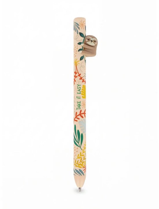 Un stylo beige à motif floral avec un paresseux accroché. Texte : TAKE IT EASY.