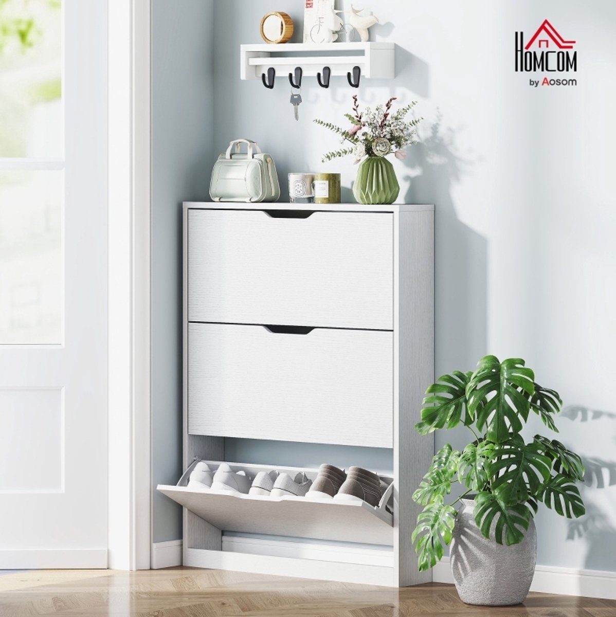 OKWISH Schoenenkast - 3 Kleppen - Smal Staand Model Voor Hal En Entree - Tot 12 Paar - Spaanplaat Wit - 80 X 17 X 108 Cm