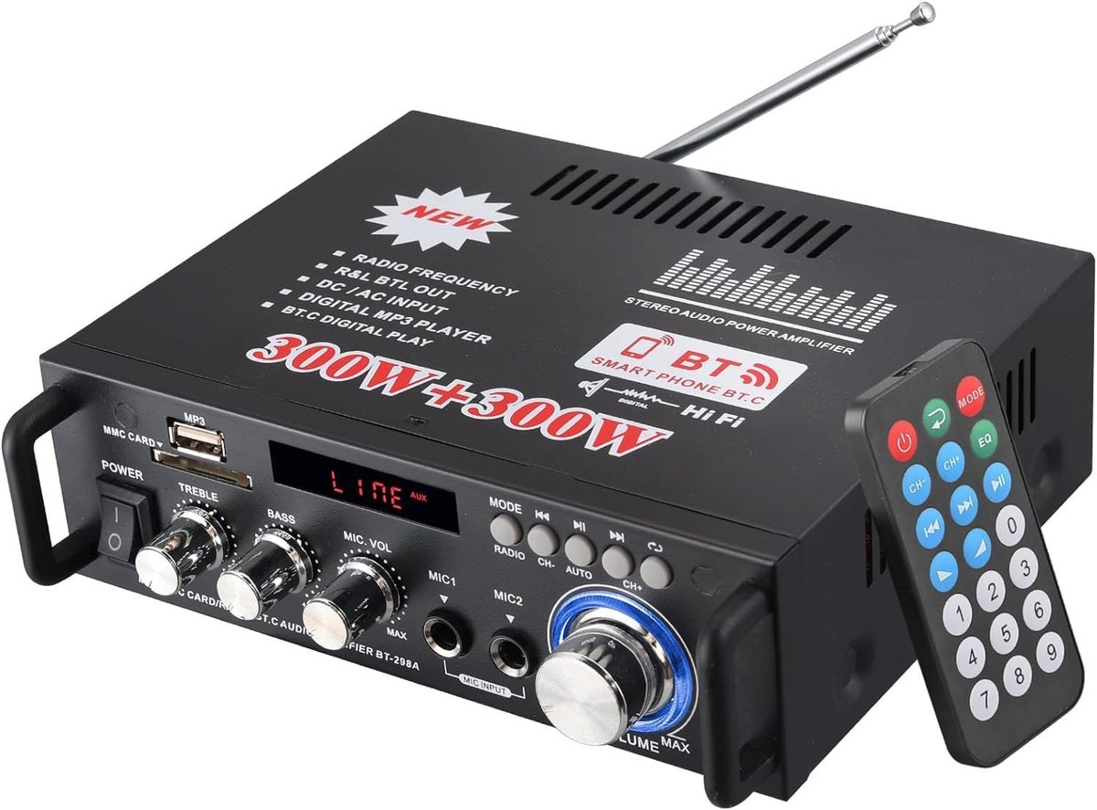 PROZOR Bluetooth Stereo Audio Amplifier 300W + 300W, Mini Digital Audio Amplifier HiFi Music SD USB FM 12V/220V with - ShopVlot