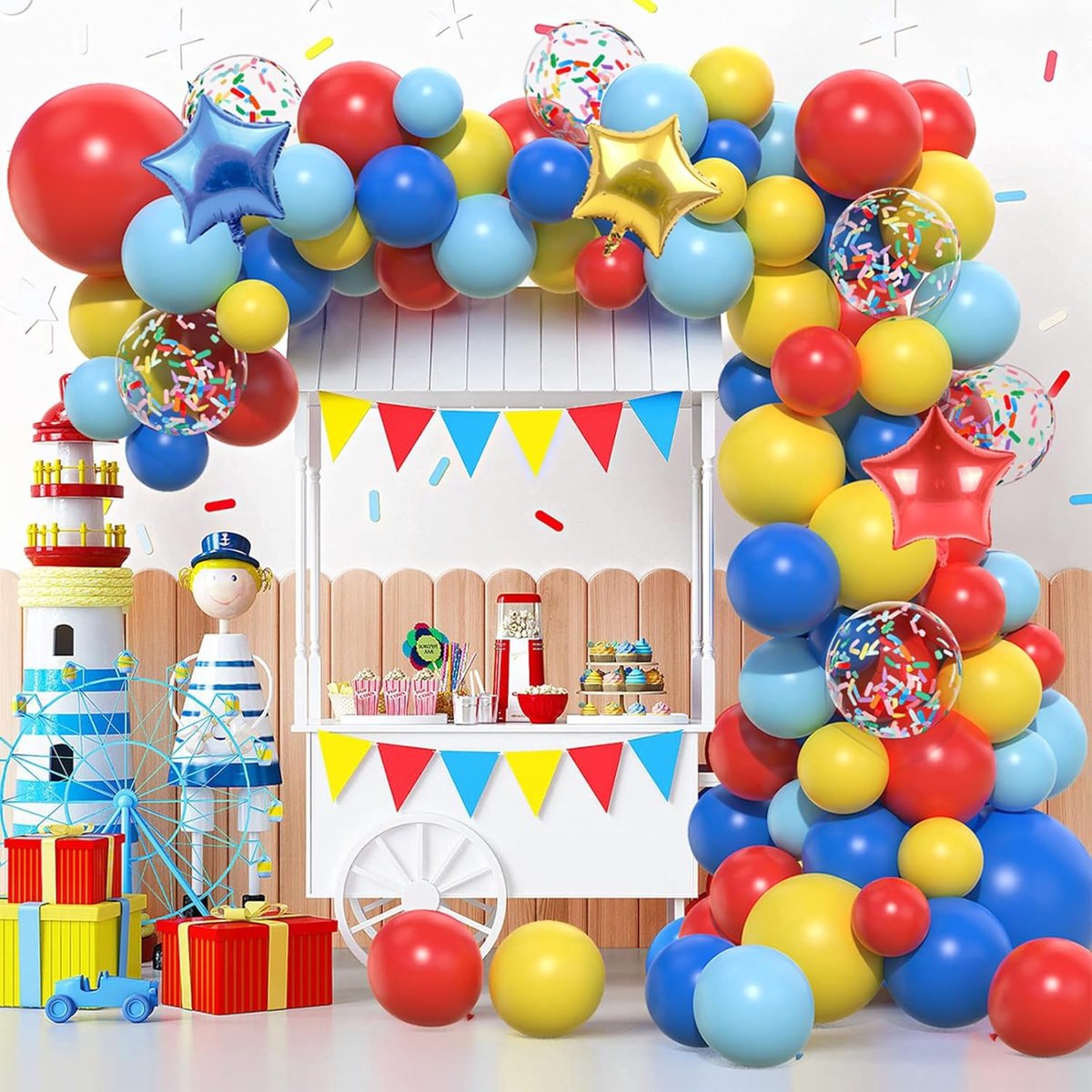 Bow Set Balloons Red Blue Yellow 106 Pieces Garland Balloons Circus Carnival with Balloons Foil Star Balloons Confetti - ShopVlot
