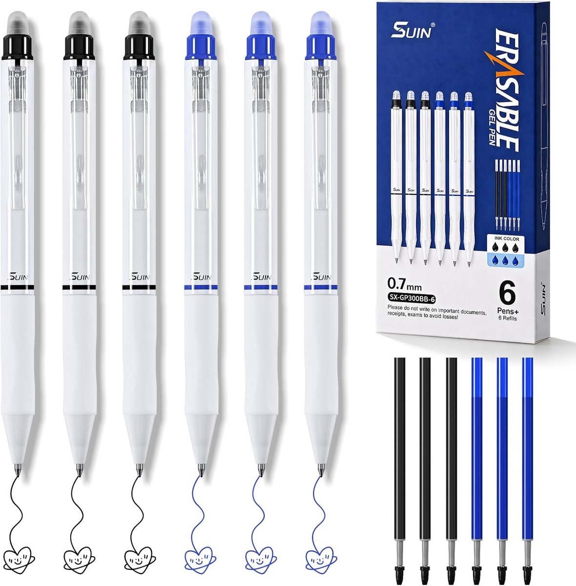SUIN Uitwisbare gelpennen met navullingen, 6 stuks intrekbare clicker pennen, gladde schrijfbare thermo-gevoelige - ShopVlot
