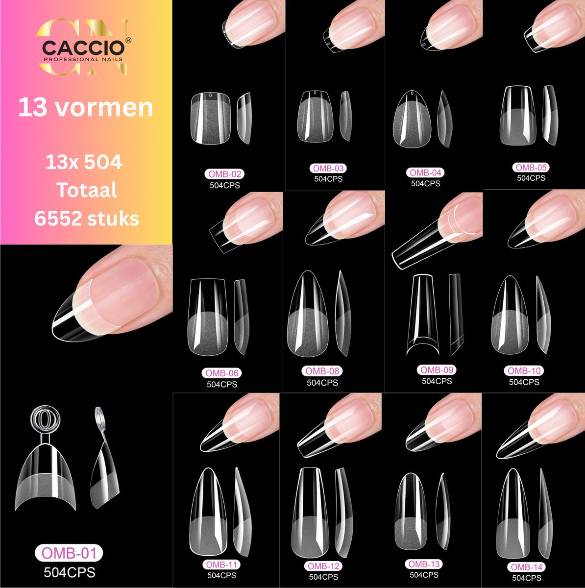 CACCIO® Nail Tips French Almond - 13x 504 (6552 stuks) - PMMA - Full Cover Kunstnagels -nageltips - kunstnagels - gel tips - nail tips - transparante nageltips - gelnagels - nail extensions - nagelverlenging -manicure-nail art-professionele nageltips