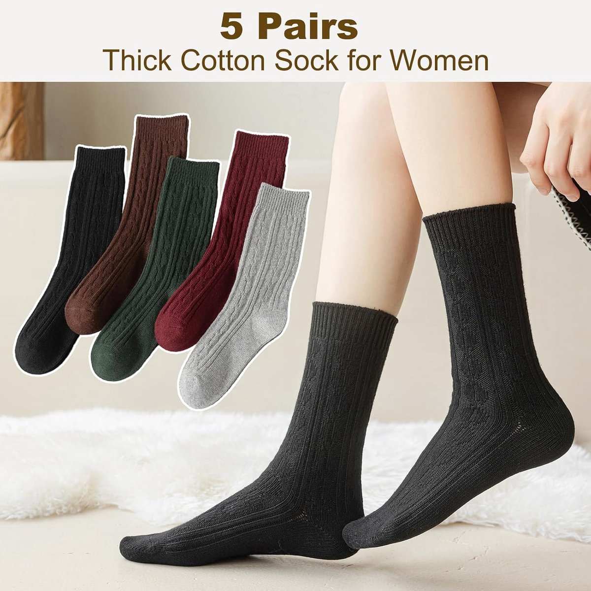 Vihir 5 Pairs Thick Knit Socks for Women, Black Grey Brown Mix, Large, Black - ShopVlot