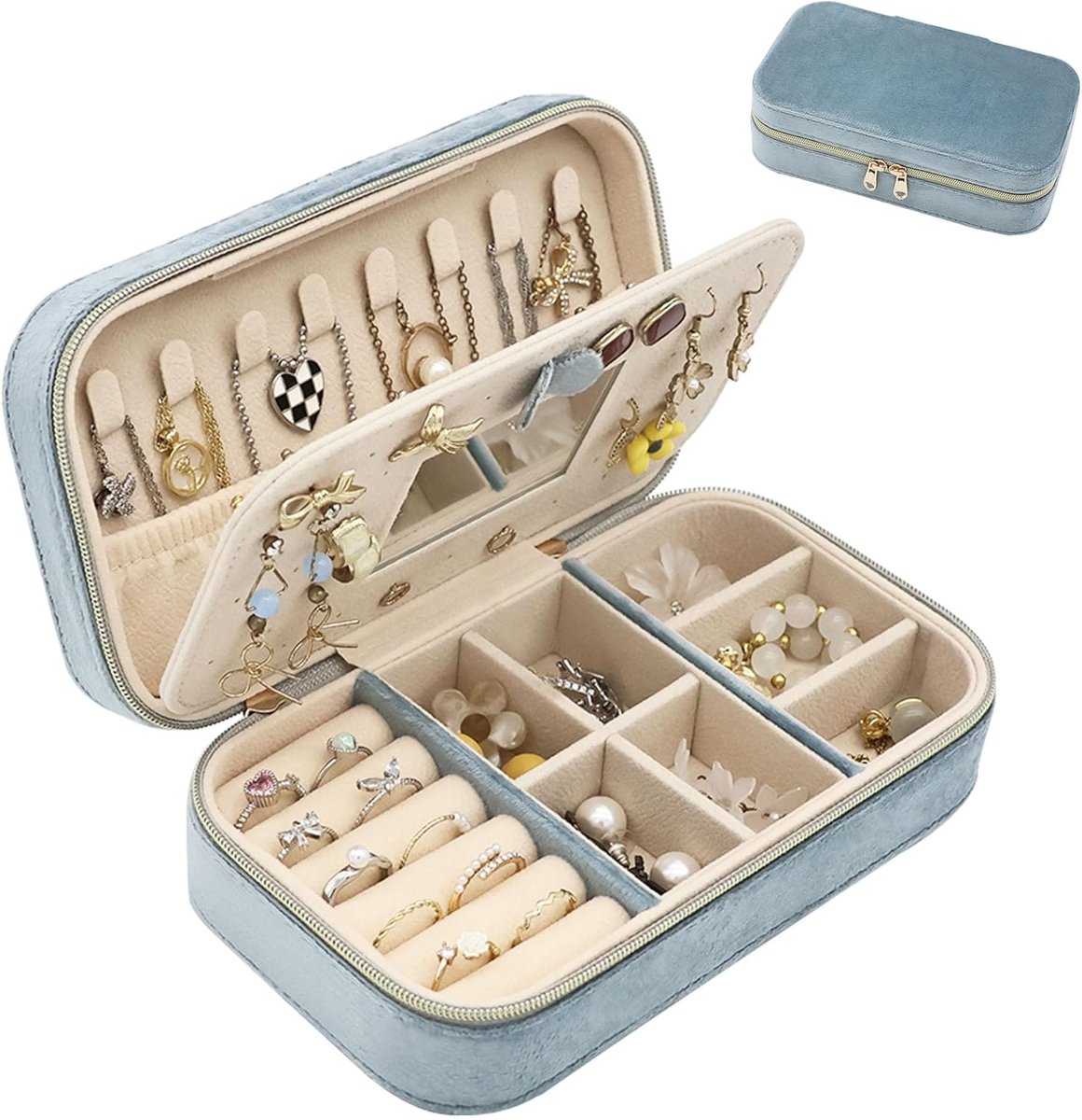 Travel Jewellery Box, Velvet Storage for Earrings, Rings, Necklaces and Bracelets (misty blue) - ShopVlot