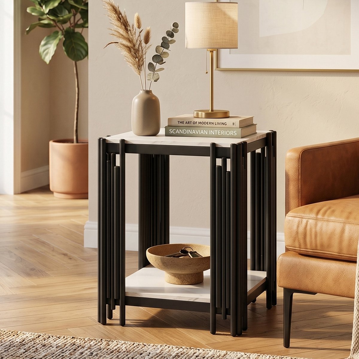 DESMIU Bedtafel - Modern Design Met 2 Planken En Marmerlook - Voor Slaapkamer Woonkamer En Hal - MDF En Metaal - Wit Zwart - 43x40x55 Cm