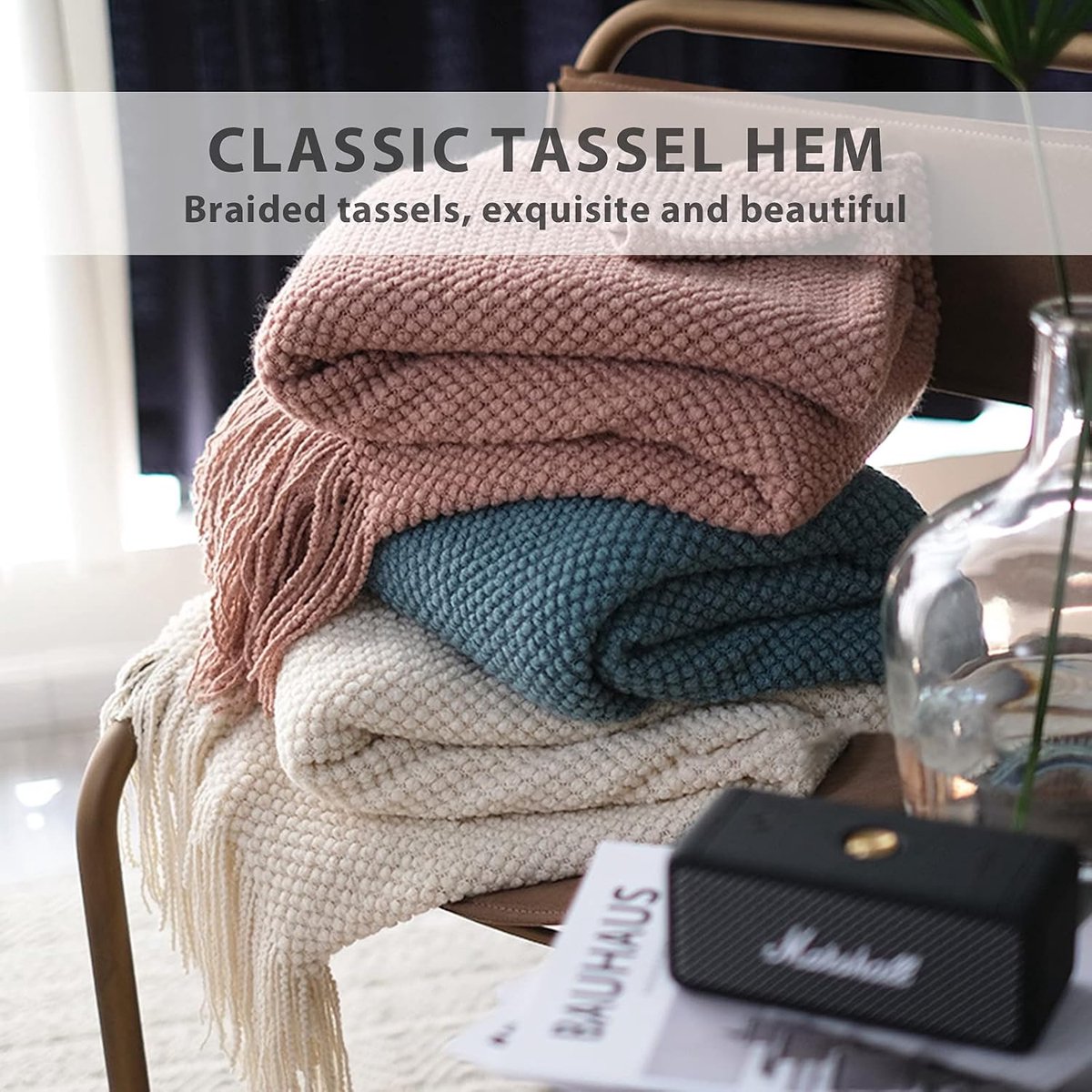 LumiSyne Knitted Blanket with Tassel Solid Color Grain Texture Cozy Fluffy Warm Soft Throws Decorative Blankets for - ShopVlot