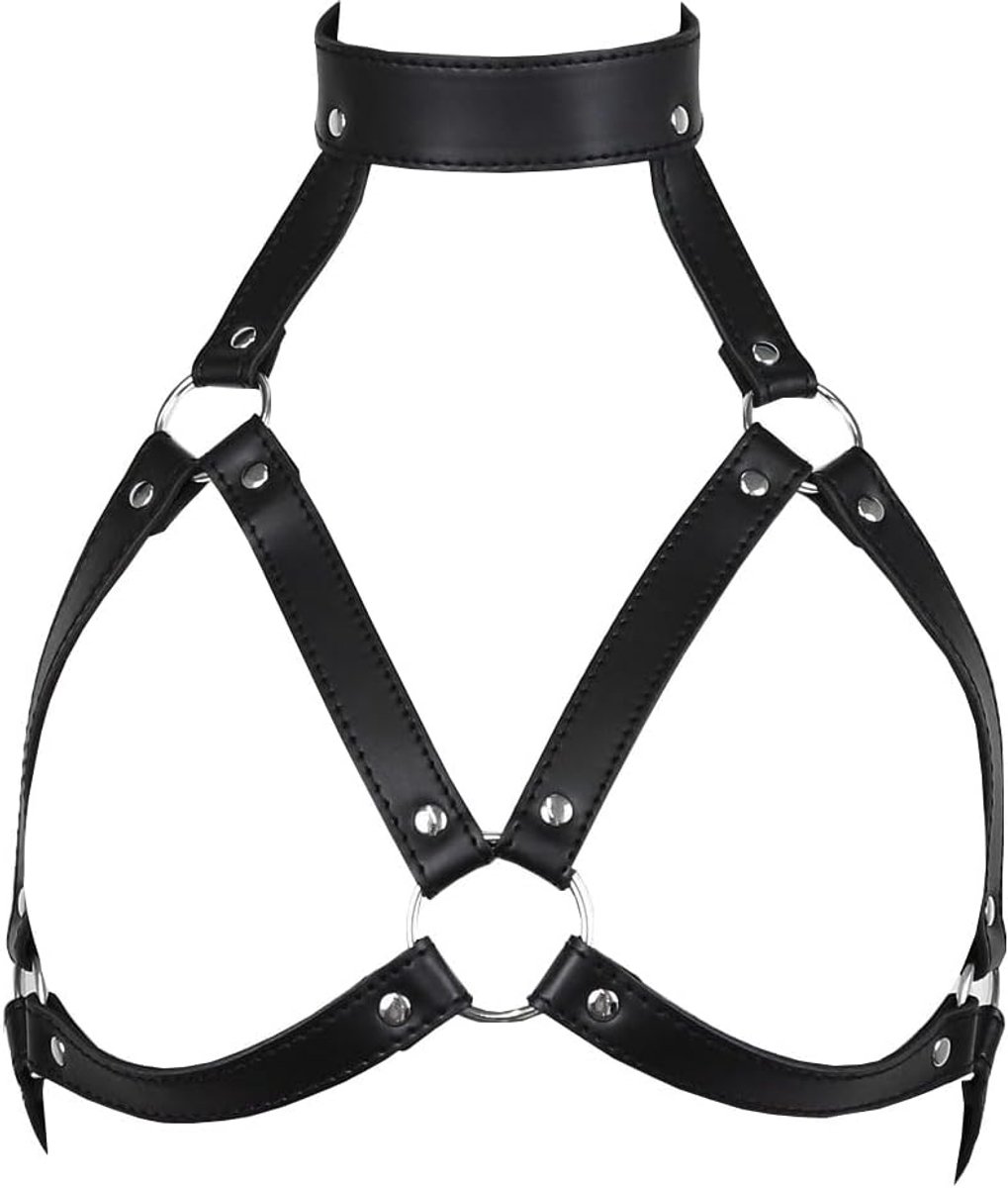 ZUYPSK Women Men Adjustable Chest Harness Leather Body Punk Gothic with Collar Press Studs Body Chest Harness Costume - ShopVlot