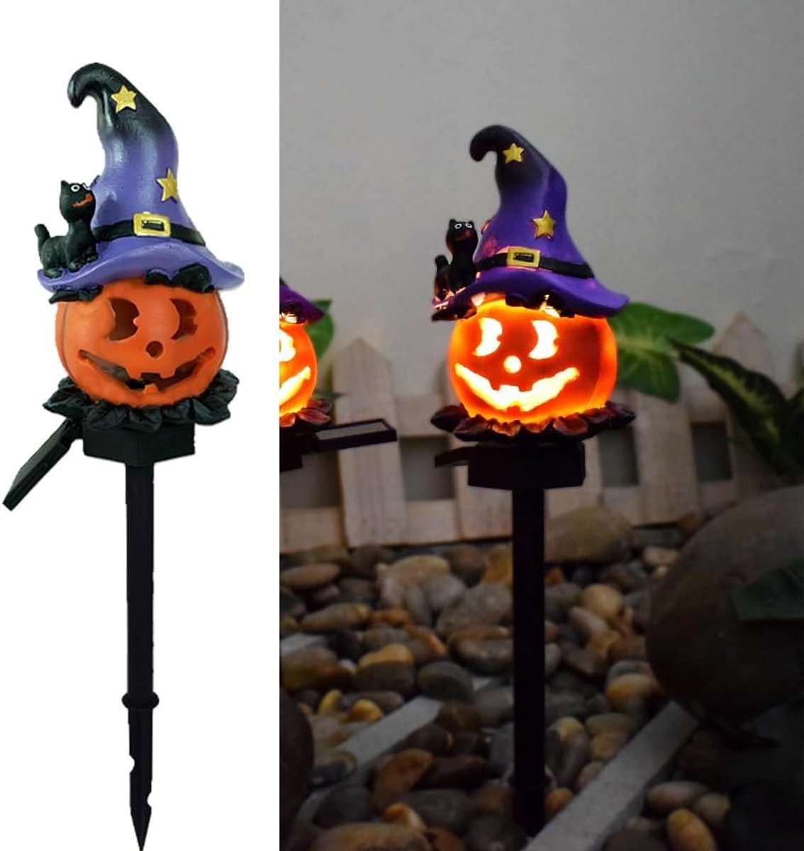 LED Solar Wizards Pumpkin Ground Light, Halloween Outdoor Atmosphere Decoration lamp, Cute Black Hat Pumpkin Courtyard - ShopVlot