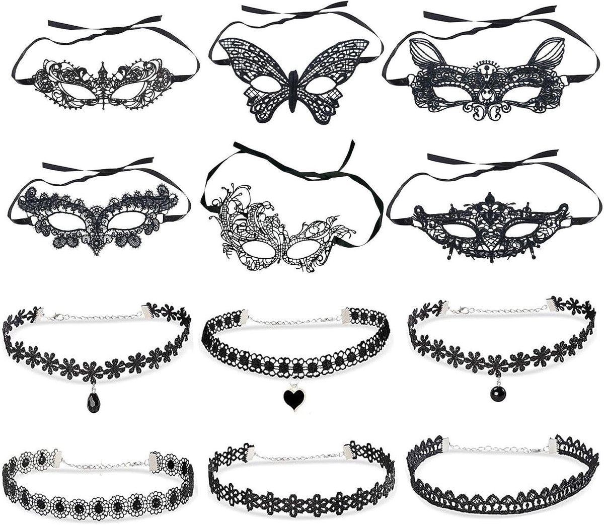 6 Stuks Zwarte Kanten Oogmaskers, 6 Stuks Gotische Halsbanden, Maskerademaskers, Elastische Donkere - ShopVlot
