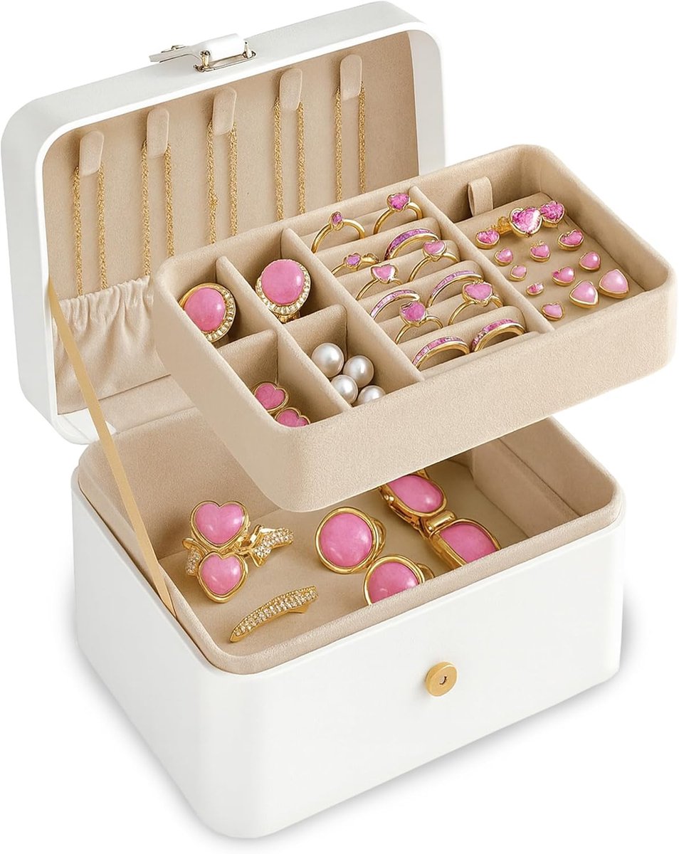Jewelry Box, Small Jewelry Box, 2 Tier Jewelry Storage, Earrings Organiser, Travel Jewelry Case 16 x 11 x 8 cm - White - ShopVlot