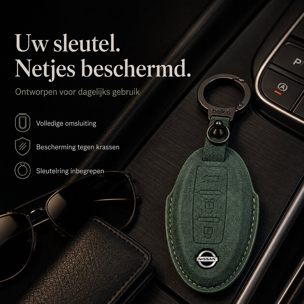 Zirkle Nissan Motor Corporation Autosleutel Hoesje Type A Groen – Luxe Leren Sleutelhoes – Beschermhoes voor Nissan Qashqai X-Trail Altima Teana – 3D Foldable Key Case – Krasbestendige Sleutel Cover – Premium Auto Accessoire