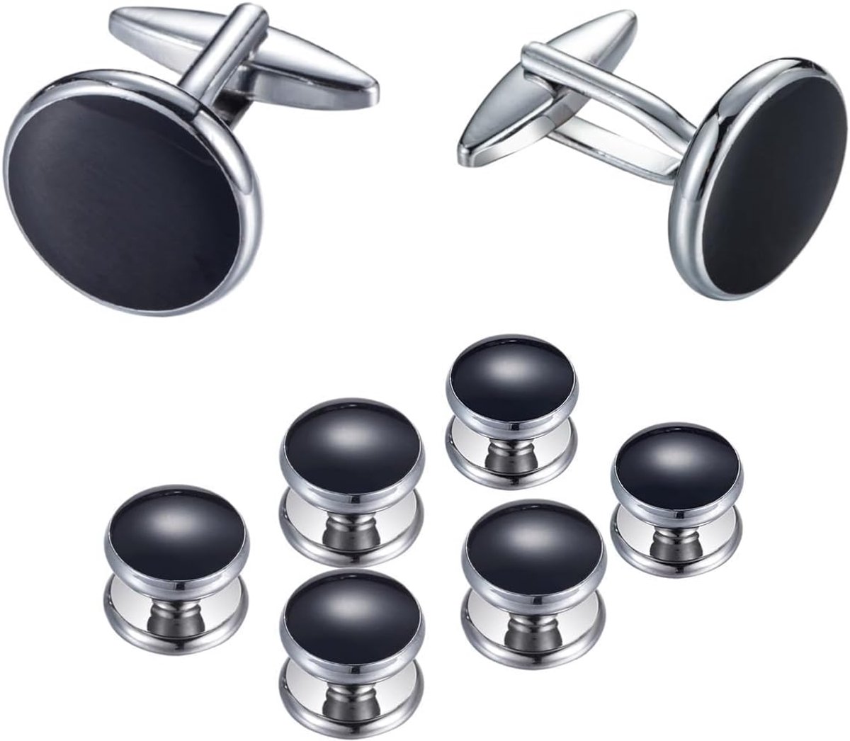 Luxe 8-delige herenmanchetknopen en smoking studs set - klassiek zwart en zilver, ideaal voor formele evenementen - ShopVlot