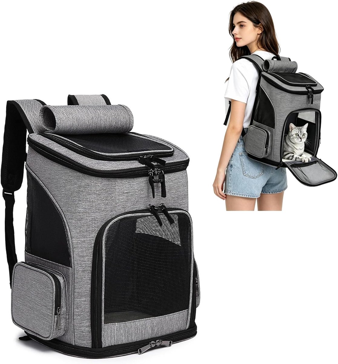 PETCUTE Pet Carrier Backpack Cat Dog Travel Bag Portable Breathable Mesh Pet Carrying Bag for Small Dogs Cats Gray - ShopVlot