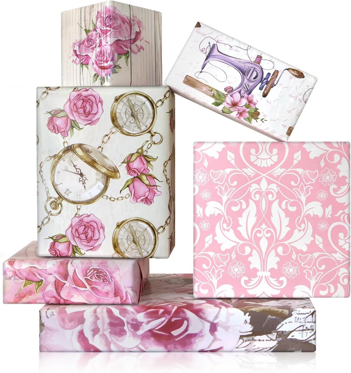 6 vellen vintage rozen inpakpapier - niet rol - retro roze aquarel bloemen en klok geschenkpapier plat gevouwen voor - ShopVlot
