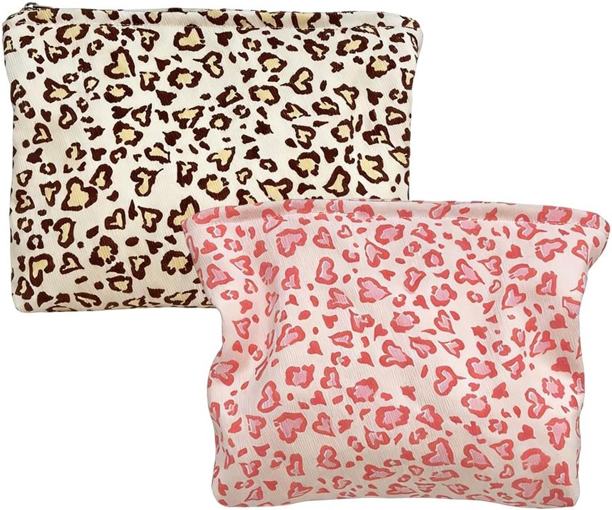 Twee corduroy make-uptassen met luipaardprint, kleine make-uptas met canvas voering, ritssluiting, fusion-ontwerp van - ShopVlot