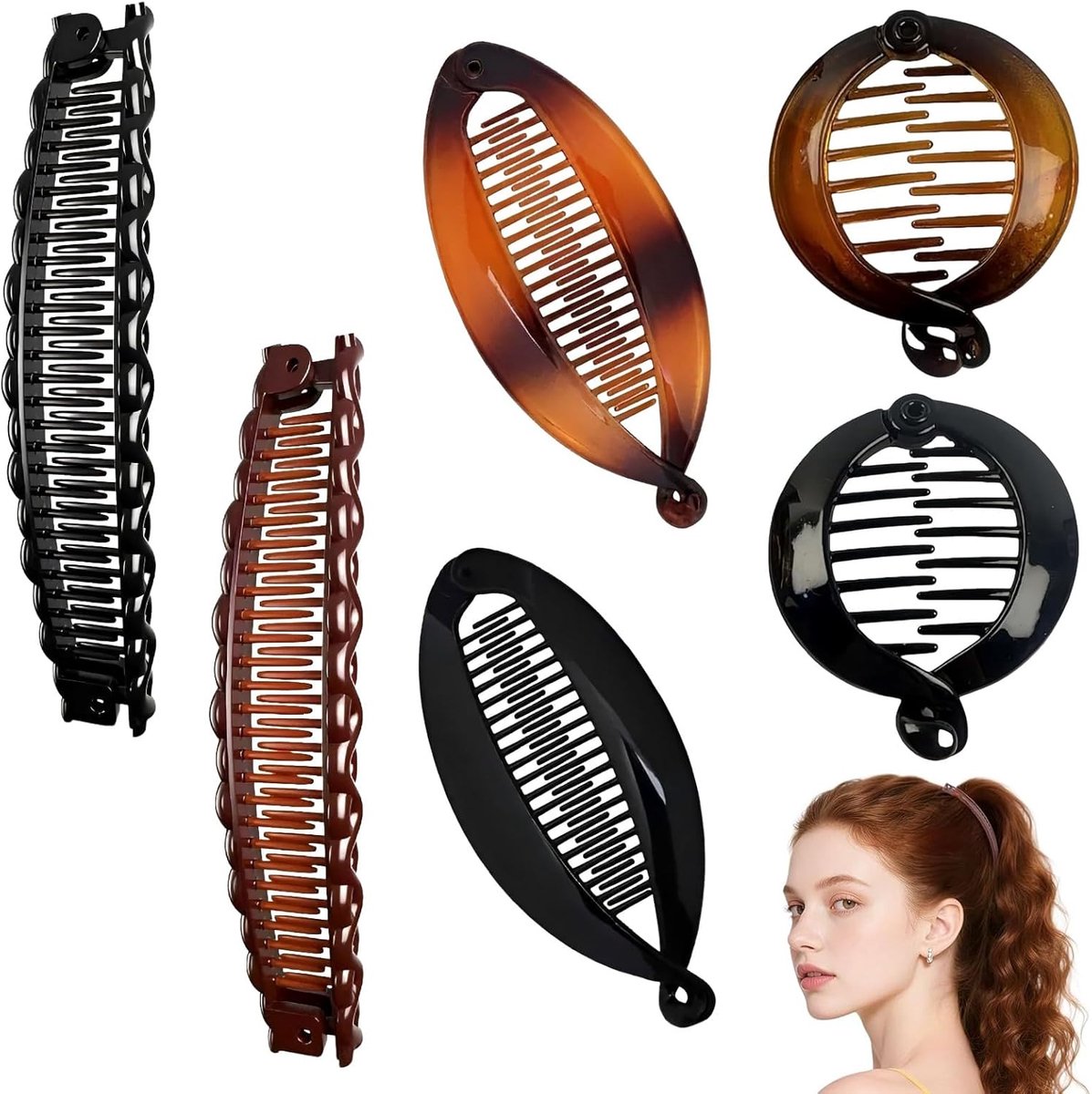 6 stuks haarspelden voor dames, bananenclip, Franse stijl met visstaart, krullend en dik haar, vintage - ShopVlot