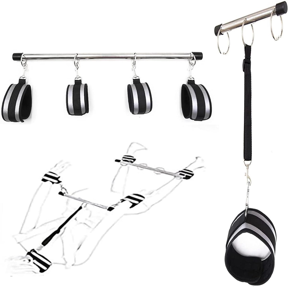 Bondage Set with Ankle Strap and Bar, Adjustable Handcuffs, Foot Cuffs and Collars, Bondage Set with Metal Spreader - ShopVlot