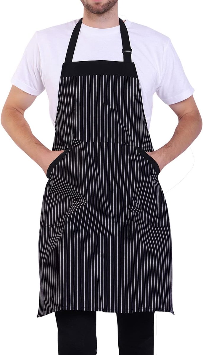 BIGHAS Adjustable Bib Apron with Long Ties for Women Men 18 Colors Chef Kitchen Cooking, Bk&wh Stripes, X-Large - ShopVlot