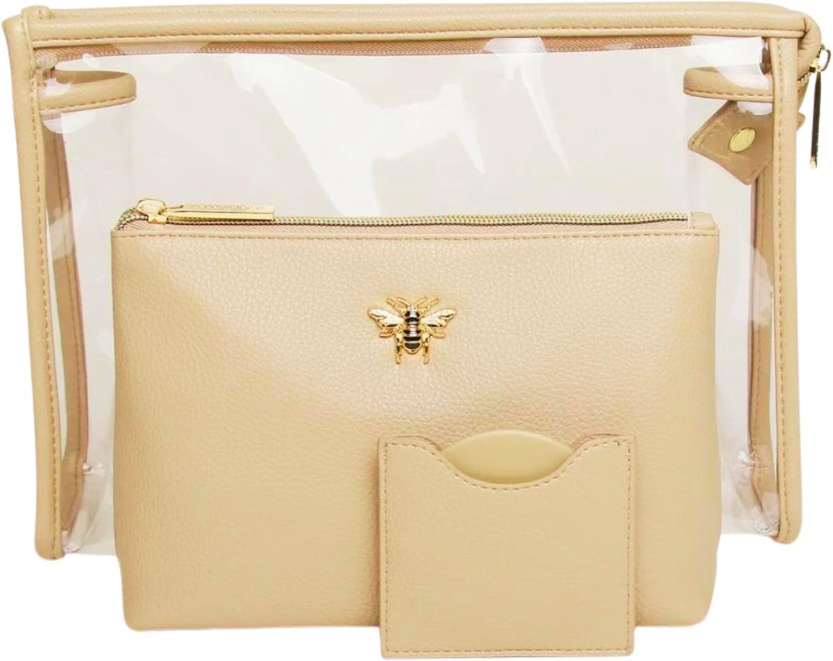 Ladies Bee Large Cosmetic 3pc Bee Beauty Bag Mirror Set by Alice Wheeler, Cream, L, Cosmetic Bag Set, cream, Cosmetic - ShopVlot