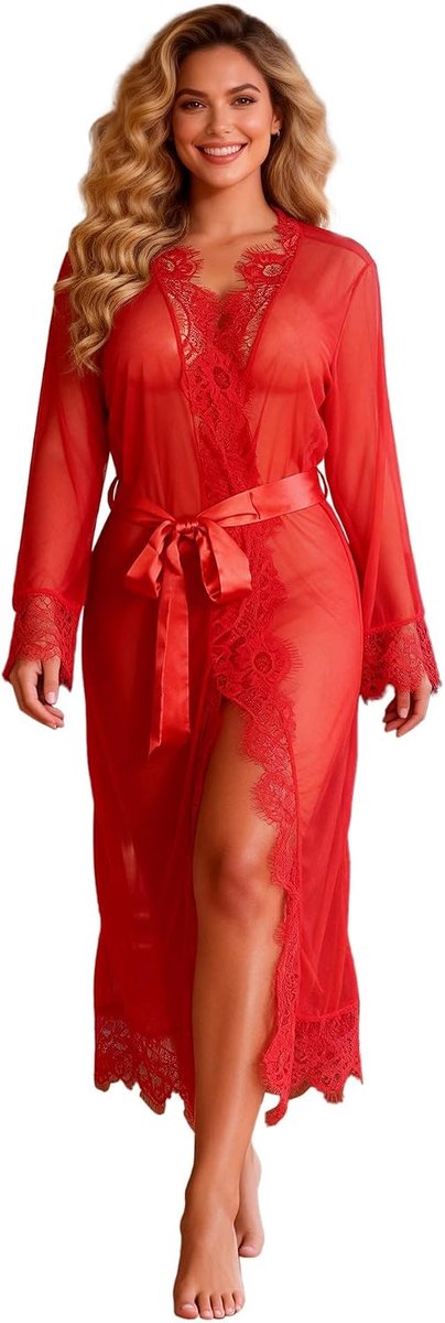 Kimono lange sexy tulle robe - grote maten - kant - sensuele nachtkleding voor vrouwen - ShopVlot