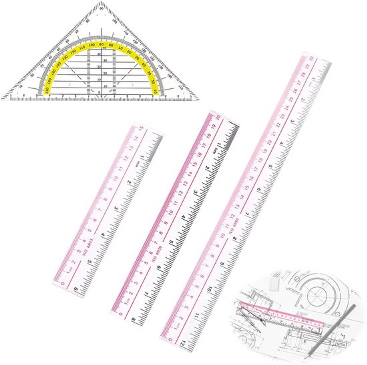 Thijox - Geodriehoek en liniaal set 4 stuks, kunststof transparant, flexibele linialen 15/20/30 cm en geodriehoek 14 cm, perfecte basis voor tekenen e