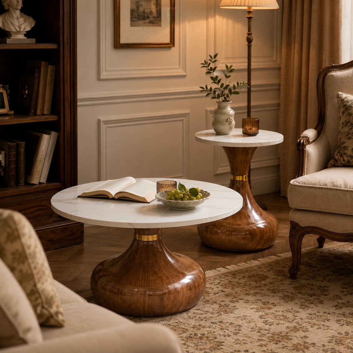 2-delig Set Ronde Salontafels 70 & 50 cm - Metaal Met Marmerlook En Walnoot Sockel Wit Walnoot