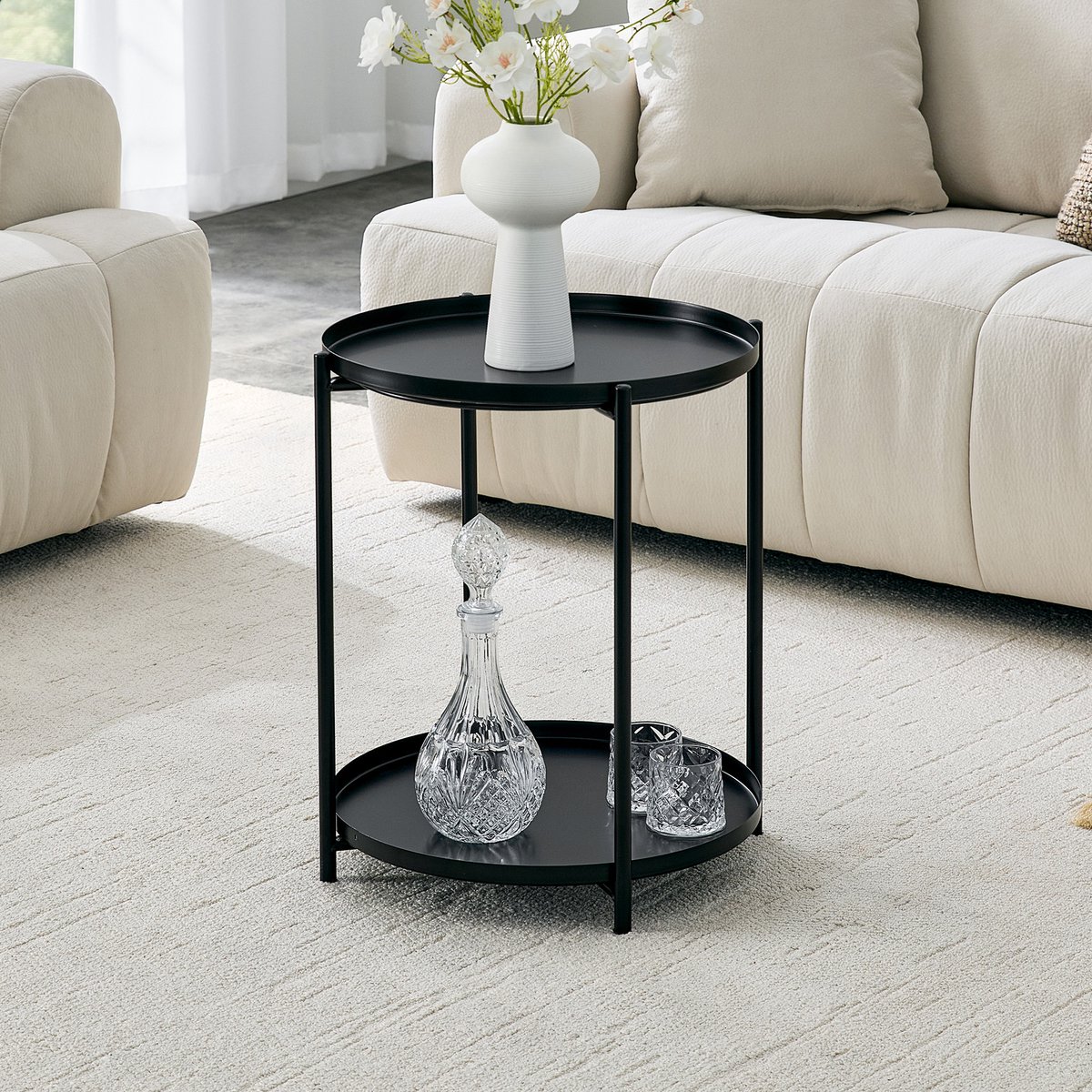 Bijzettafel 42 cm 2 Etages - Ronde Salontafel Met Opbergrek En Metalen Frame Zwart Wit