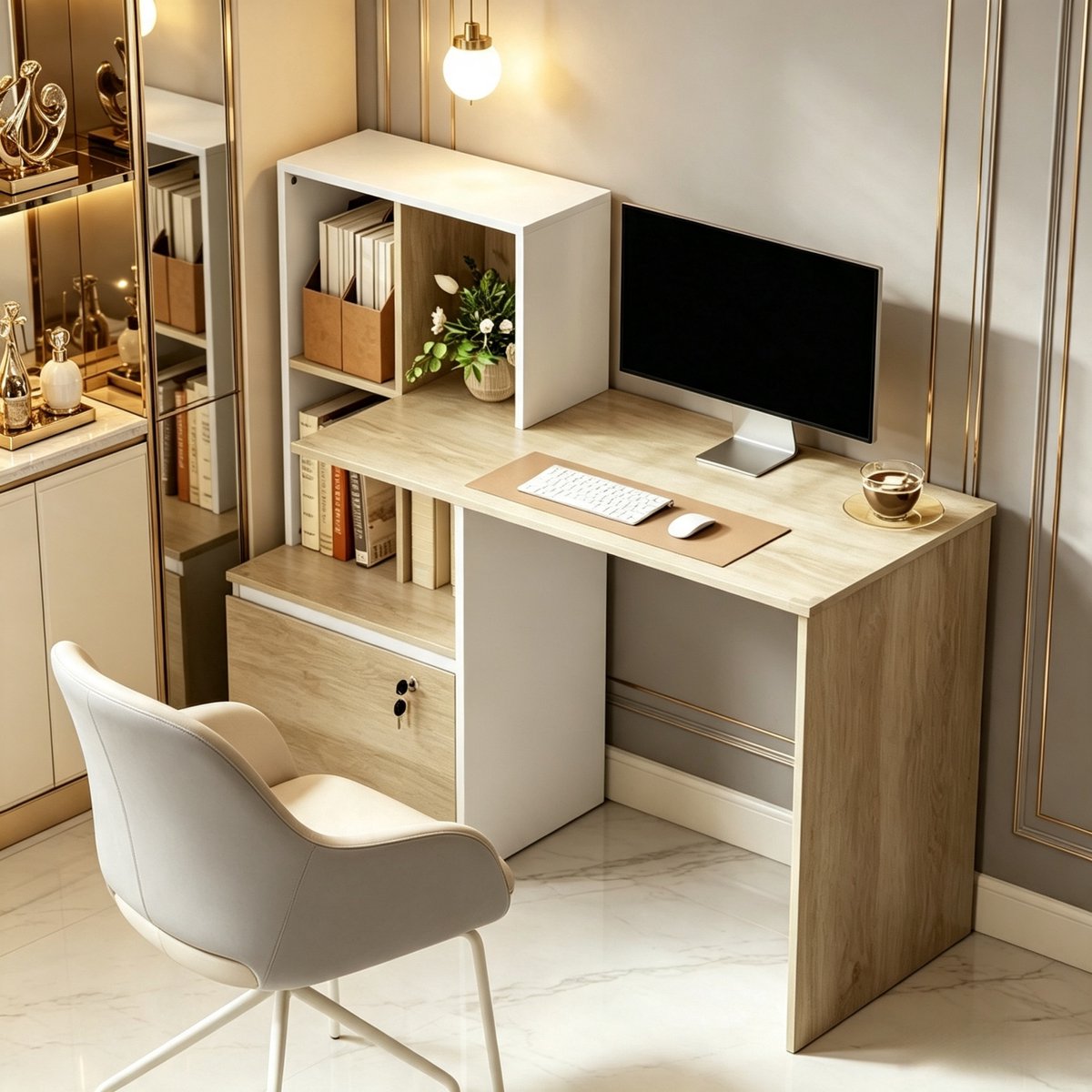 Bureau Met Boekenkast 126x50 cm - Computertafel Met Afsluitbare Lade En 4 Vakken Wit Licht Eiken