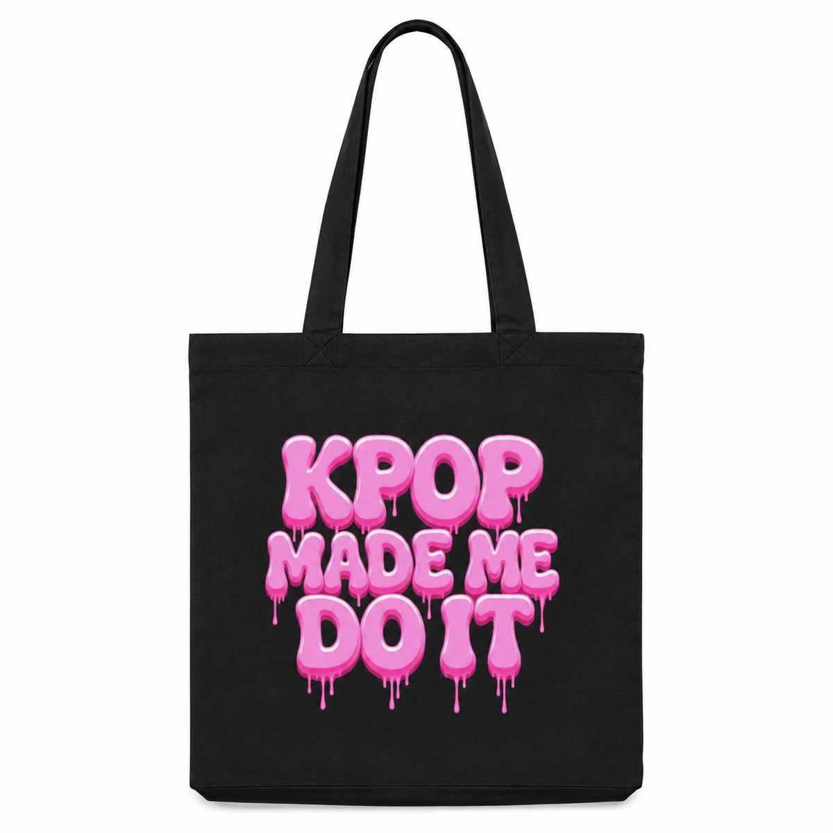 K-Pop Tote Bag – KPOP Made Me Do It – Zwarte Shopper met Roze Tekst – KPOP Fan Tas – Concert Tas – Cadeau voor K-Pop Liefhebber