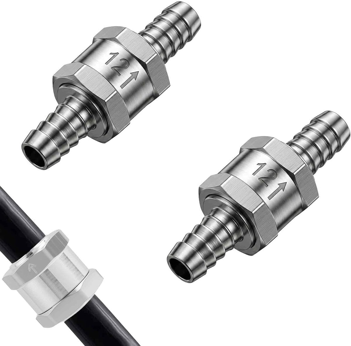 Terugslagventiel 12 mm - Aluminium - 2 stuks met slangklemmen - Geschikt voor brandstof, olie - ShopVlot