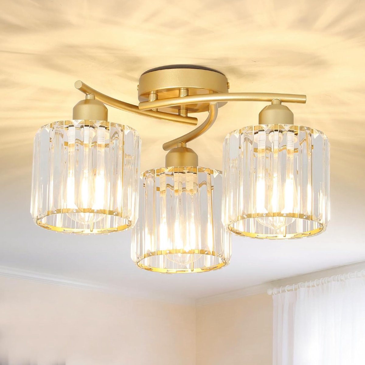 Plafondlamp 3-armig - moderne kristallen kroonluchter - gouden afwerking - sfeervolle verlichting voor woonkamer - ShopVlot