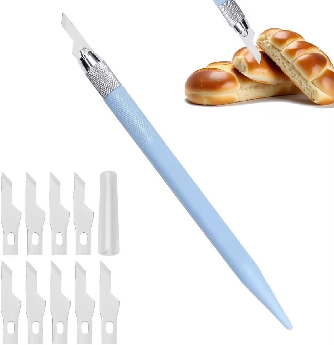 Precisie mes voor brood deeg - blauwe kunststof handvat - 10 vervangmessen - ideaal voor brood bakken - ShopVlot