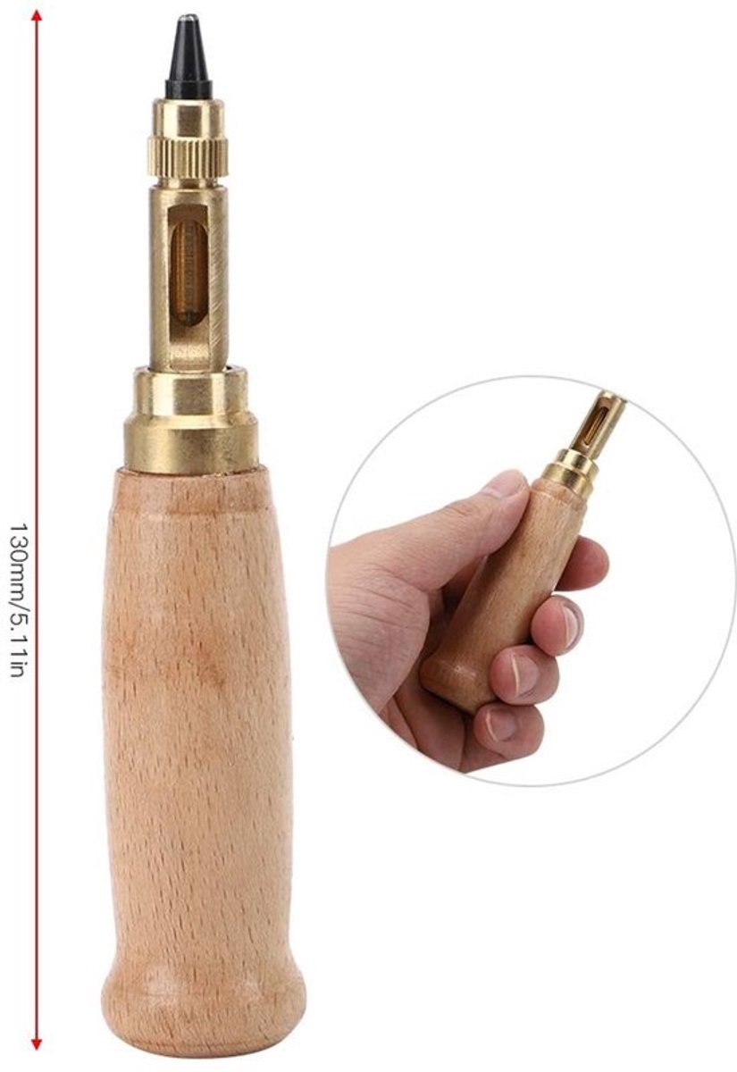 Perforator Vervangbare Kop - Stil Ponsen - Handig en Snel - Duurzaam Gebruik - Massief Houten Handvat - 130 mm Lengte - Leerpunt