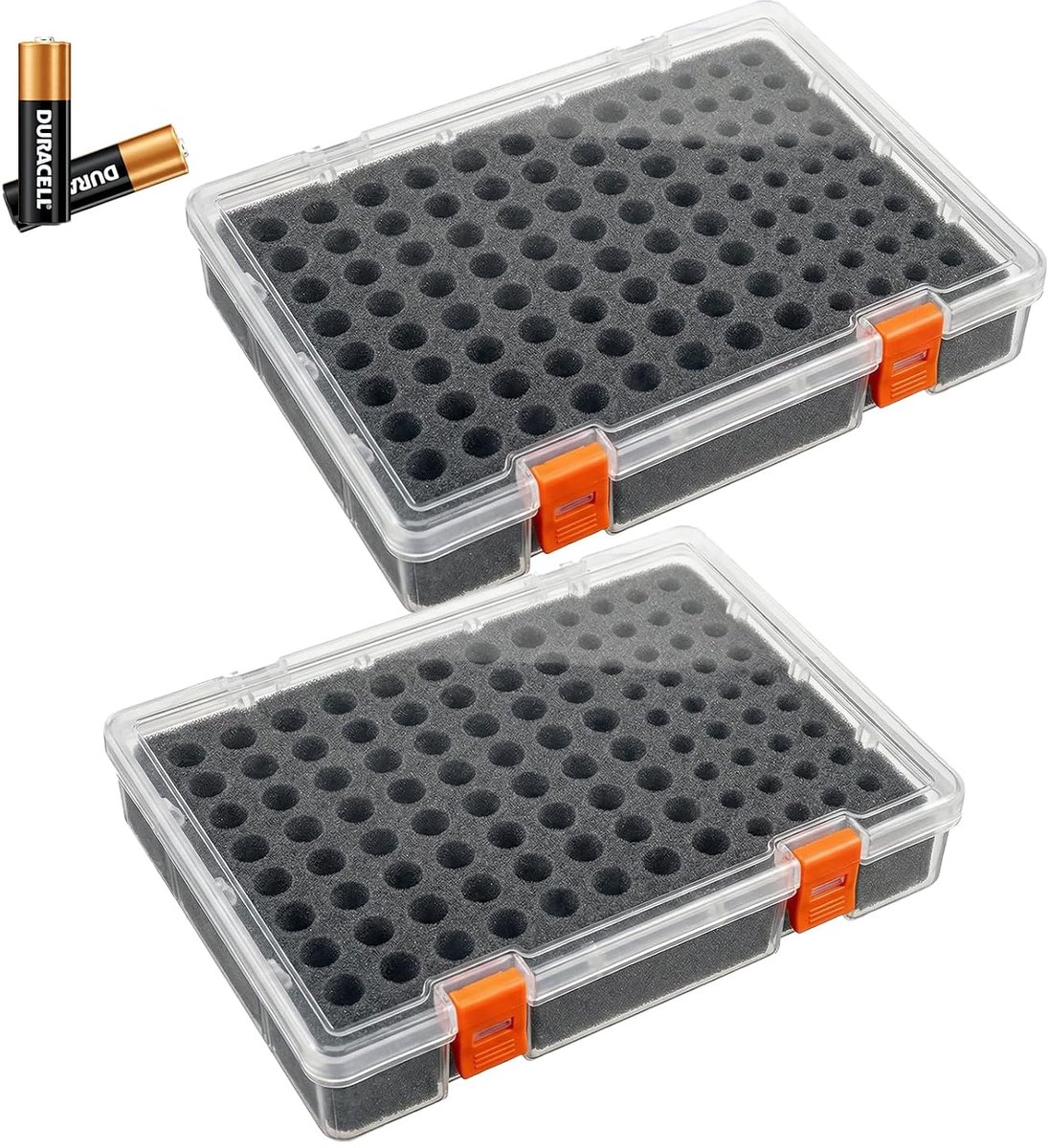 batterijbox 2 stuks - transparante organizer - voor 64 AA en 36 AAA - met sponsvoering voor bescherming - ShopVlot