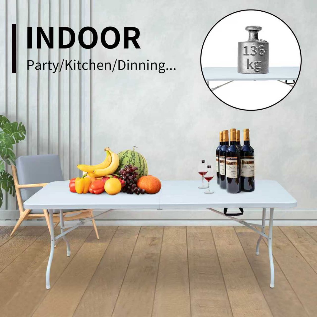 COVREO Tuintafel 180,34 x 73,66 x 73,66 cm wit, staal en kunststof, opvouwbaar
