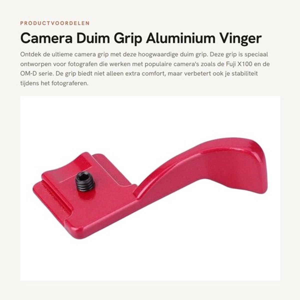 Duim Grip Aluminium - Hot Shoe Beugel - Geschikt voor Fuji X100/X100S/X-E1/X10/X-Pro1 - OM-D EM-5/PEN-F/E-P3/E-P1 - Hoogwaardig Materiaal - Zwart/Silver/Rood - Camera Grip
